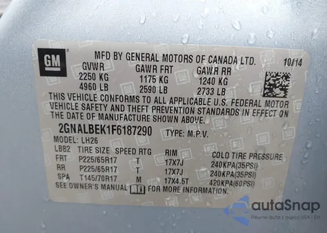 2015 Chevrolet Equinox 1Lt из США, поврежденный, VIN 2GNALBEK1F6187290